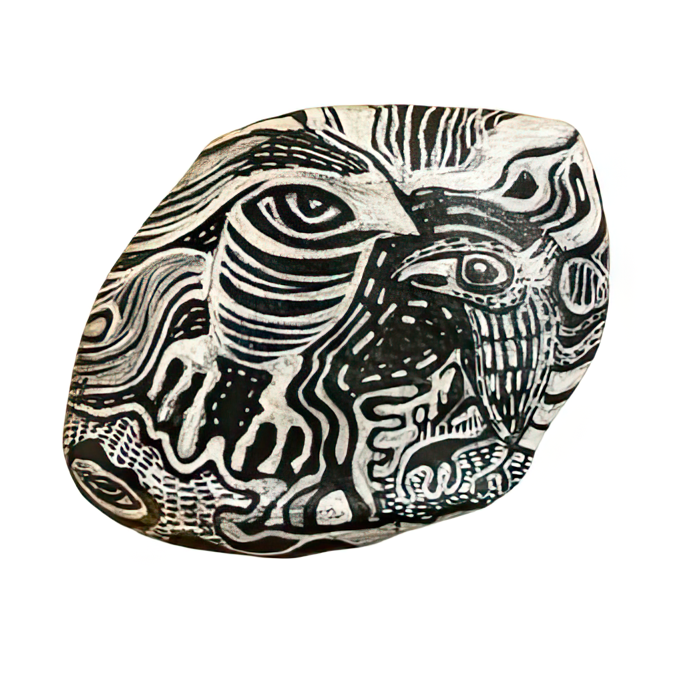 Hand-painted decorative stone with bold black and white abstract face design, unique home decor accent piece