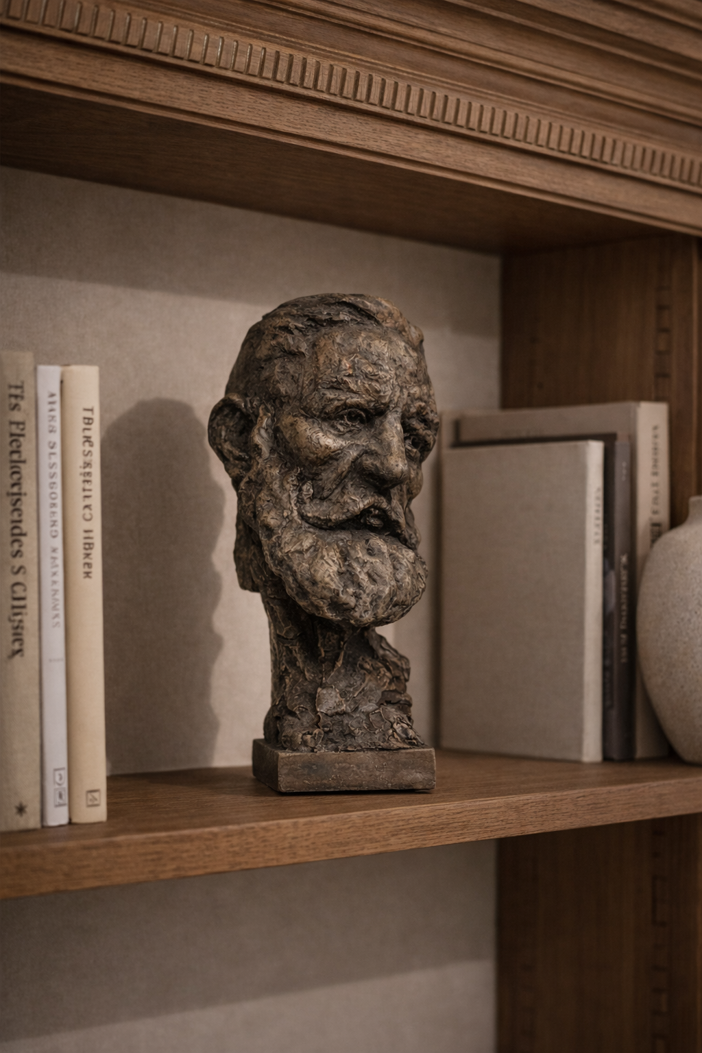 Mimir Sculpture, a dark bronze textured bust of a bearded man in profile, on a wooden shelf with books and a ceramic vase.