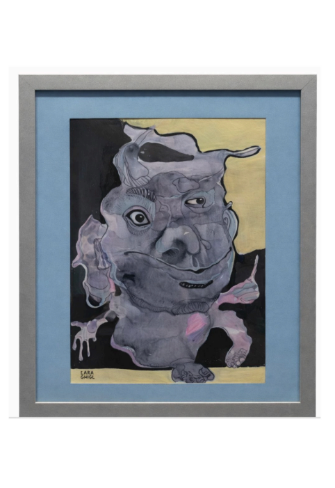 Whimsical abstract animal painting of a grey creature with one large eye, framed with a light blue mat.