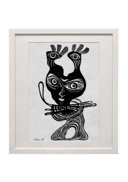 Abstract black and white Animal Lienzo Painting of a stylized figure with multiple eyes, signed 'dea. a', in a white frame.