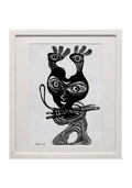 Abstract black and white Animal Lienzo Painting of a stylized figure with multiple eyes, signed 'dea. a', in a white frame.
