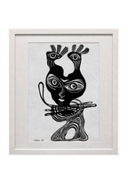 Abstract black and white Animal Lienzo Painting of a stylized figure with multiple eyes, signed 'dea. a', in a white frame.