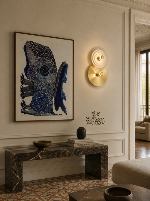 Gold and frosted glass Abby wall lamp featuring stacked circular discs, illuminating a cream wall above a marble console.