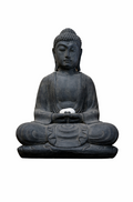 Dark gray stone Buddha statue seated in lotus position, holding a small white stone in folded hands.