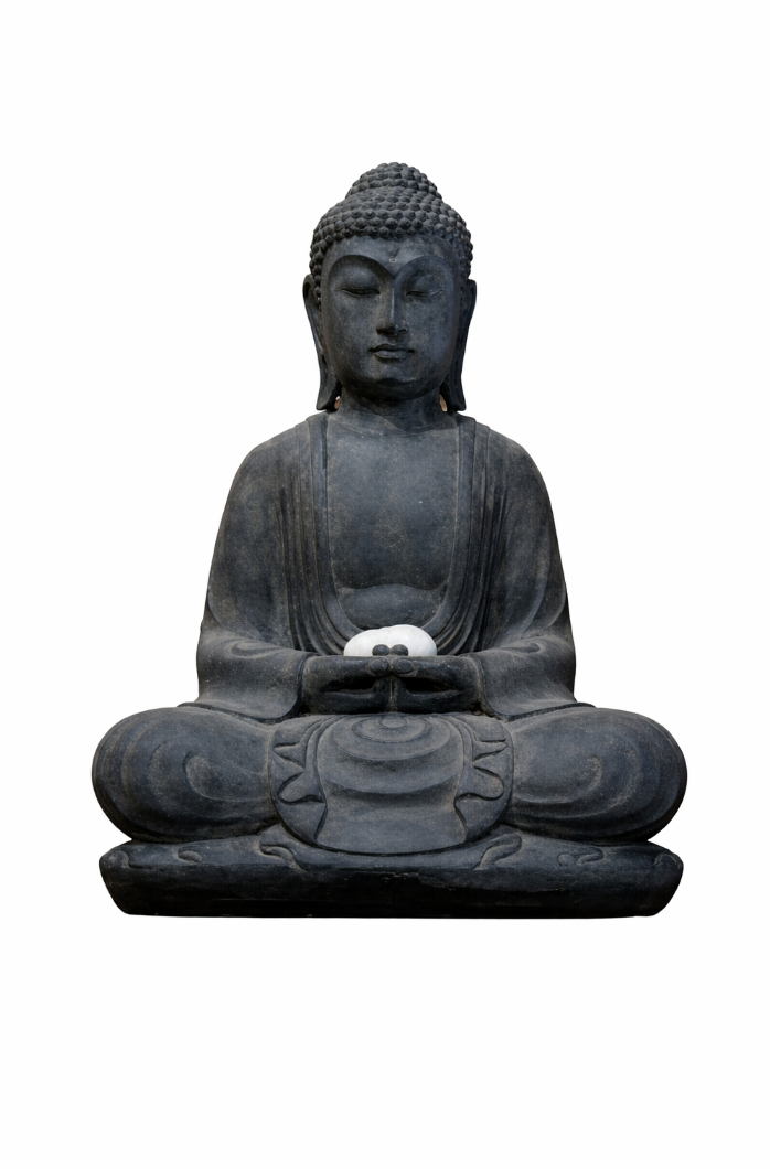 Dark gray stone Buddha statue seated in lotus position, holding a small white stone in folded hands.
