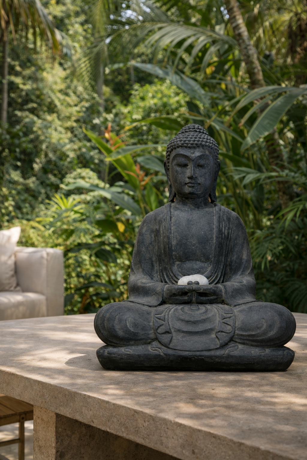 Dark gray stone Buddha statue in meditation pose, holding a white stone, on a table in a lush tropical garden.