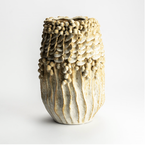 Organic textured Cahors vase with layered scales, clusters of spheres, and vertical grooves in off-white and beige.