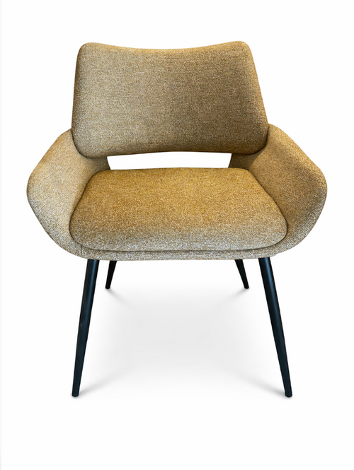 Modern Lesco chair with light brown textured fabric upholstery and black tapered legs.