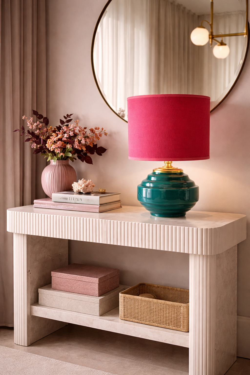Teal ceramic table lamp with pink shade on ribbed console table, styled with vase, books, and mirror