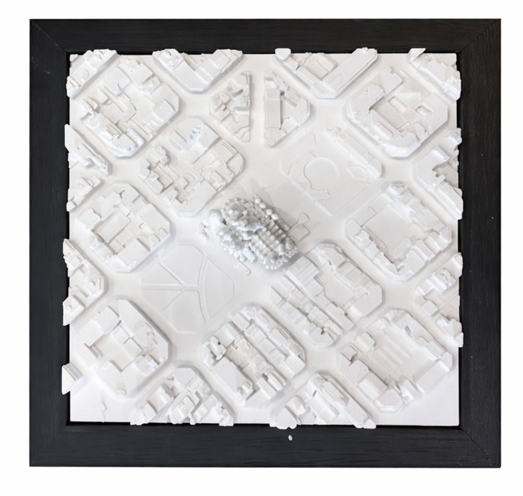 White city model art by Object and Story featuring architectural details within a square black frame.
