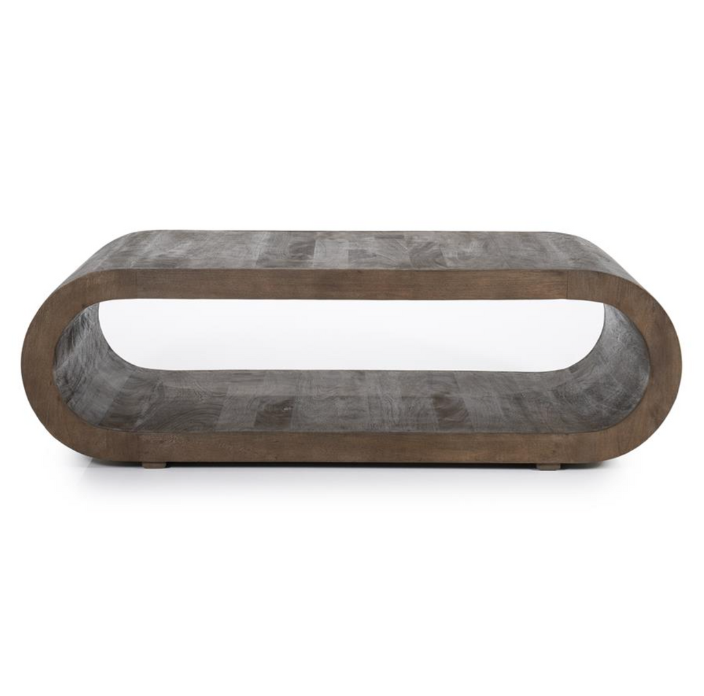 Dark wood Elora coffee table with a rounded capsule design, hollow center, and subtle wood grain texture.