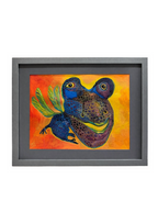 Colorful art painting in a dark grey frame, featuring a blue and purple creature with green wings on an orange and yellow background, signed Ines Lopez.