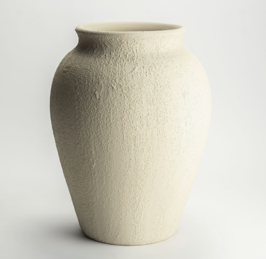 Rough-textured cream vase with an organic finish and a narrow neck, front view on a white background.