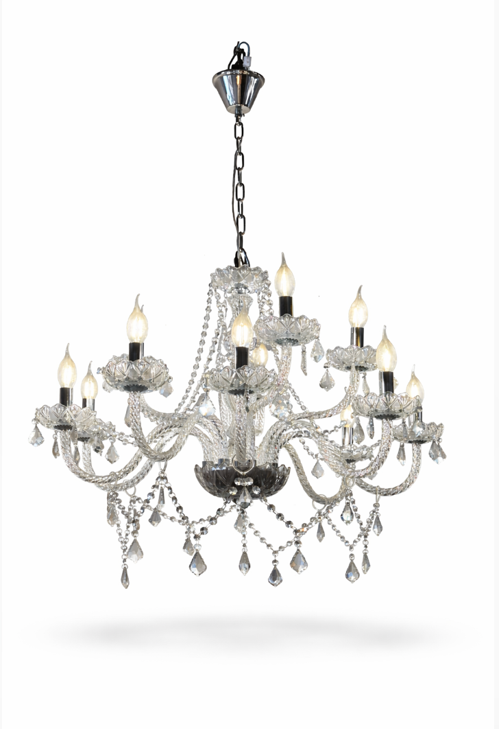 Ornate crystal chandelier lamp with ten candle-style lights, clear faceted droplets, and silver-tone metal accents, isolated on white.