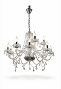 Ornate crystal chandelier lamp with ten candle-style lights, clear faceted droplets, and silver-tone metal accents, isolated on white.