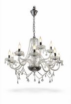 Ornate crystal chandelier lamp with ten candle-style lights, clear faceted droplets, and silver-tone metal accents, isolated on white.