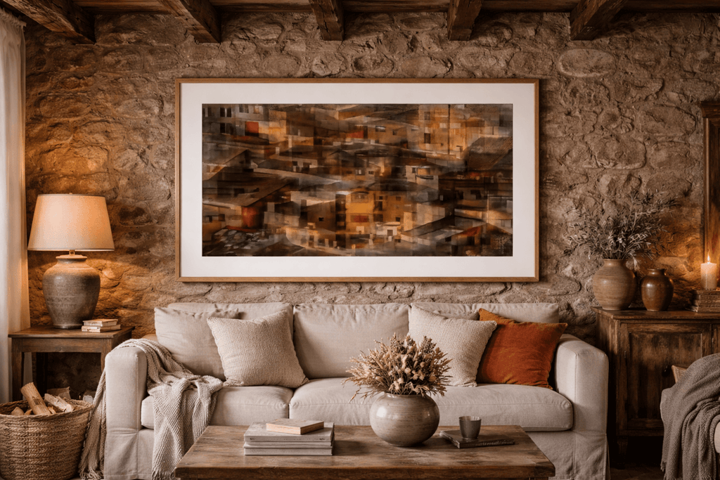 Abstract cityscape painting by Manuel Cohen, with warm, layered architectural forms in a natural wood frame.