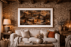 Abstract cityscape painting by Manuel Cohen, with warm, layered architectural forms in a natural wood frame.