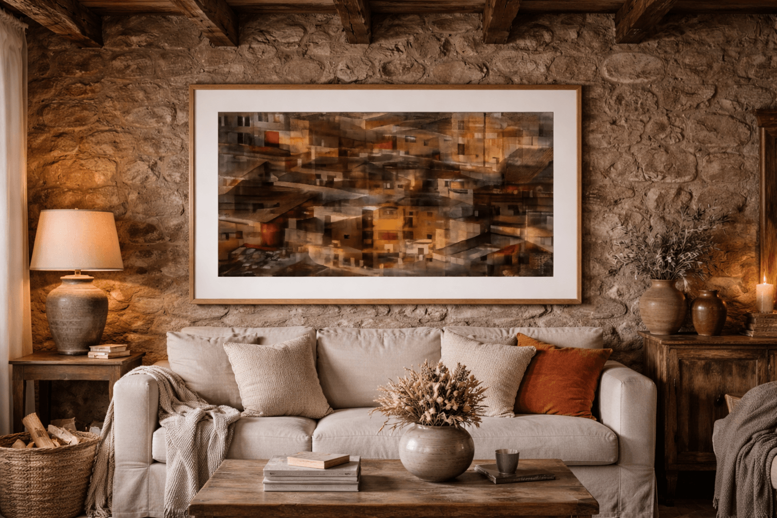 Abstract cityscape painting by Manuel Cohen, with warm, layered architectural forms in a natural wood frame.