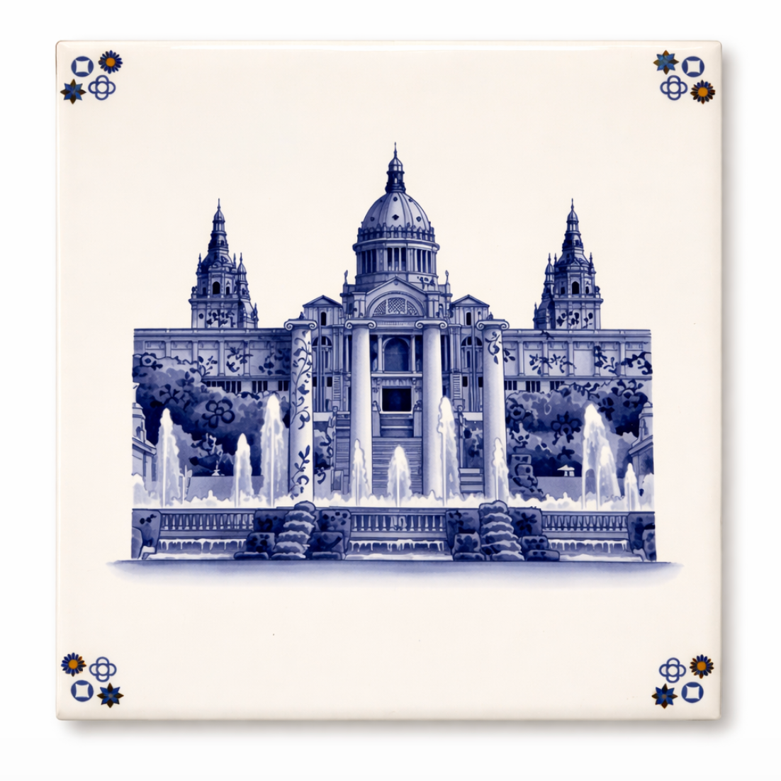 White and blue tile depicting the Palau Nacional in Barcelona with fountains and decorative corner elements.