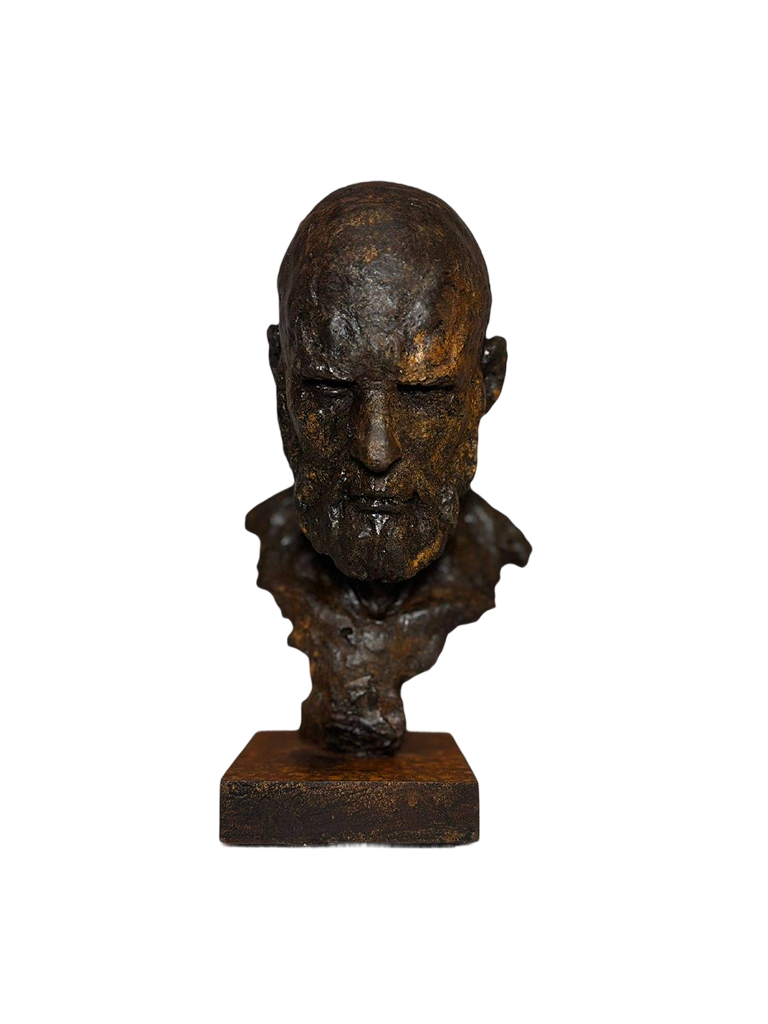 Rustic bronze bust sculpture with textured finish, ideal for decorative interiors and storytelling spaces