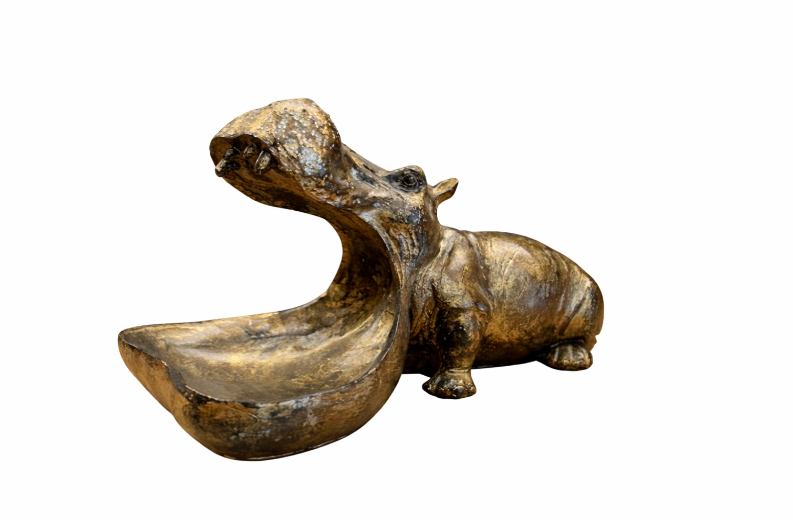 Aged bronze decorative bowl shaped like a hippo, side view, with its open mouth forming the dish.