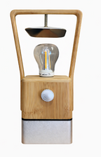 Bamboo table lamp by Dossier with a U-shaped frame, silver base, and exposed LED filament bulb.