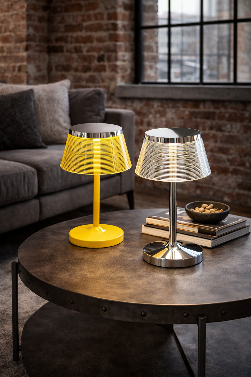 Two table lamps, one bright yellow and one silver, with ribbed conical shades on a dark coffee table.