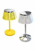 Yellow and silver table lamps from Dupla with ribbed clear shades and shiny bases.