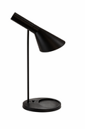 Black table lamp with a cone-shaped shade and a round base featuring a small tray.