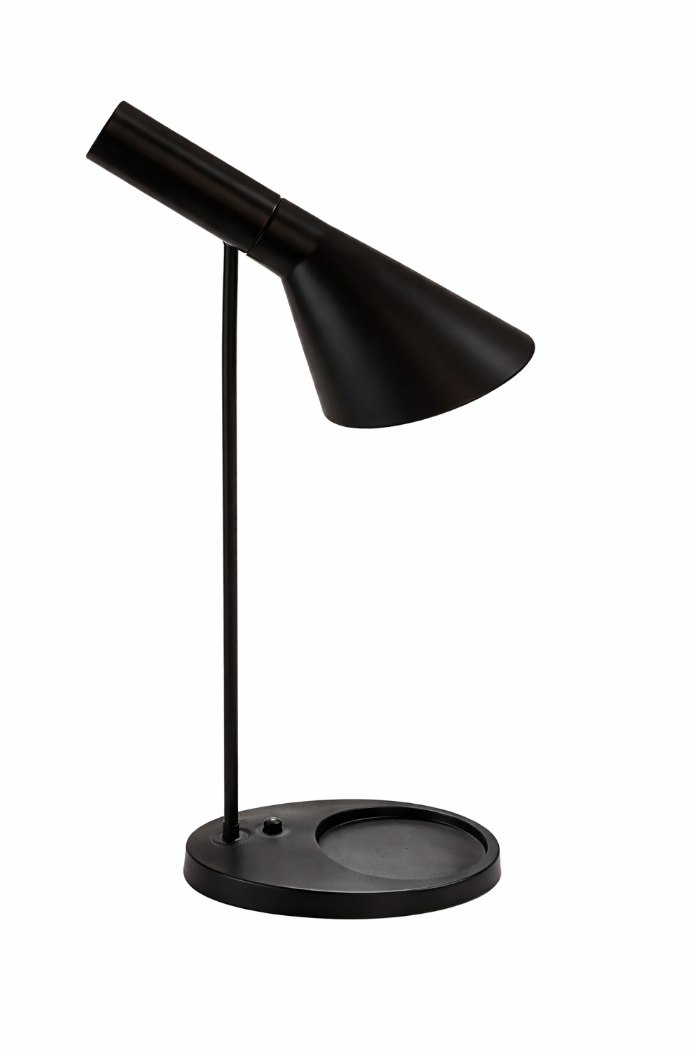 Black table lamp with a cone-shaped shade and a round base featuring a small tray.
