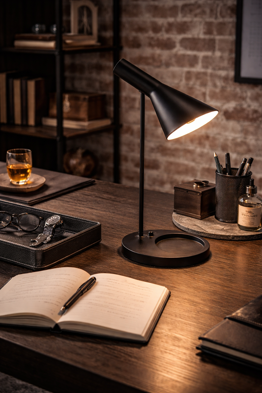 Modern black metal table lamp with a conical shade, casting light on a wooden desk with an open notebook.