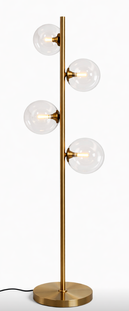 Gold-finished metal floor lamp with four clear glass globe lights, a round base, and a black cord.