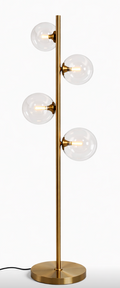 Gold-finished metal floor lamp with four clear glass globe lights, a round base, and a black cord.