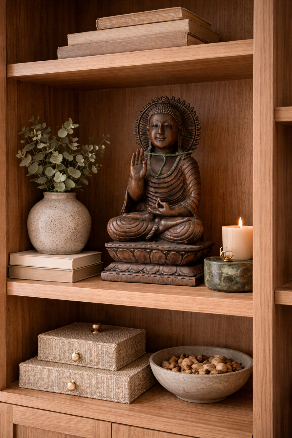Dark brown Hinduen statue of Buddha with a sun-like halo and raised hand, seated on a tiered lotus base.