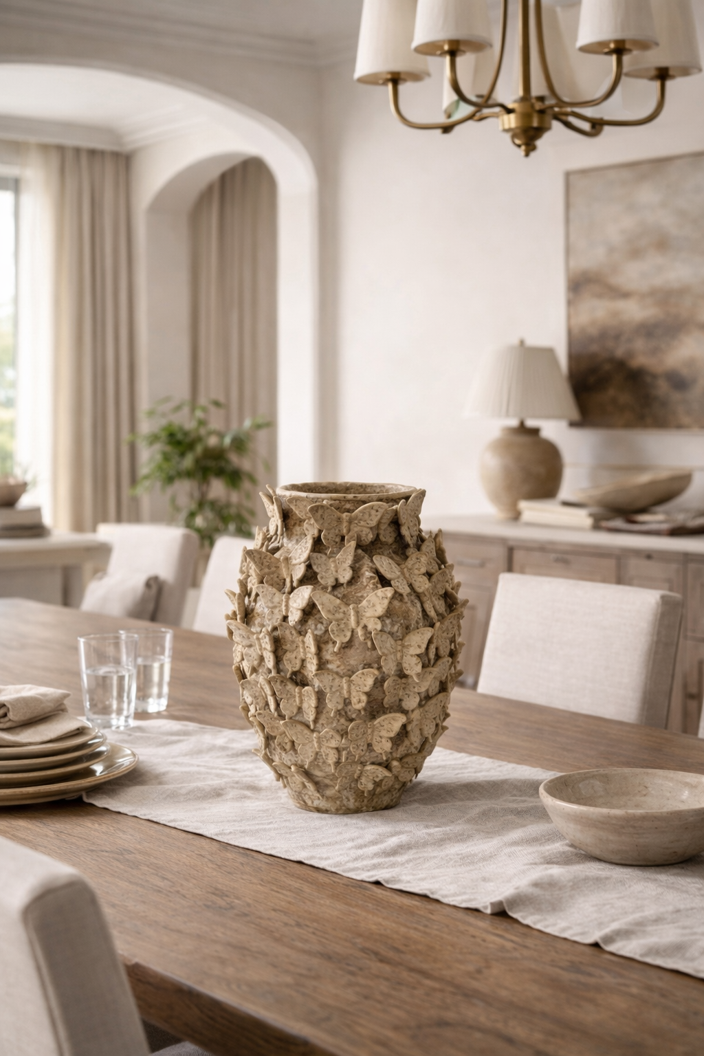 Speckled, butterfly-embossed vase by Isaa Colares on a wooden dining table.