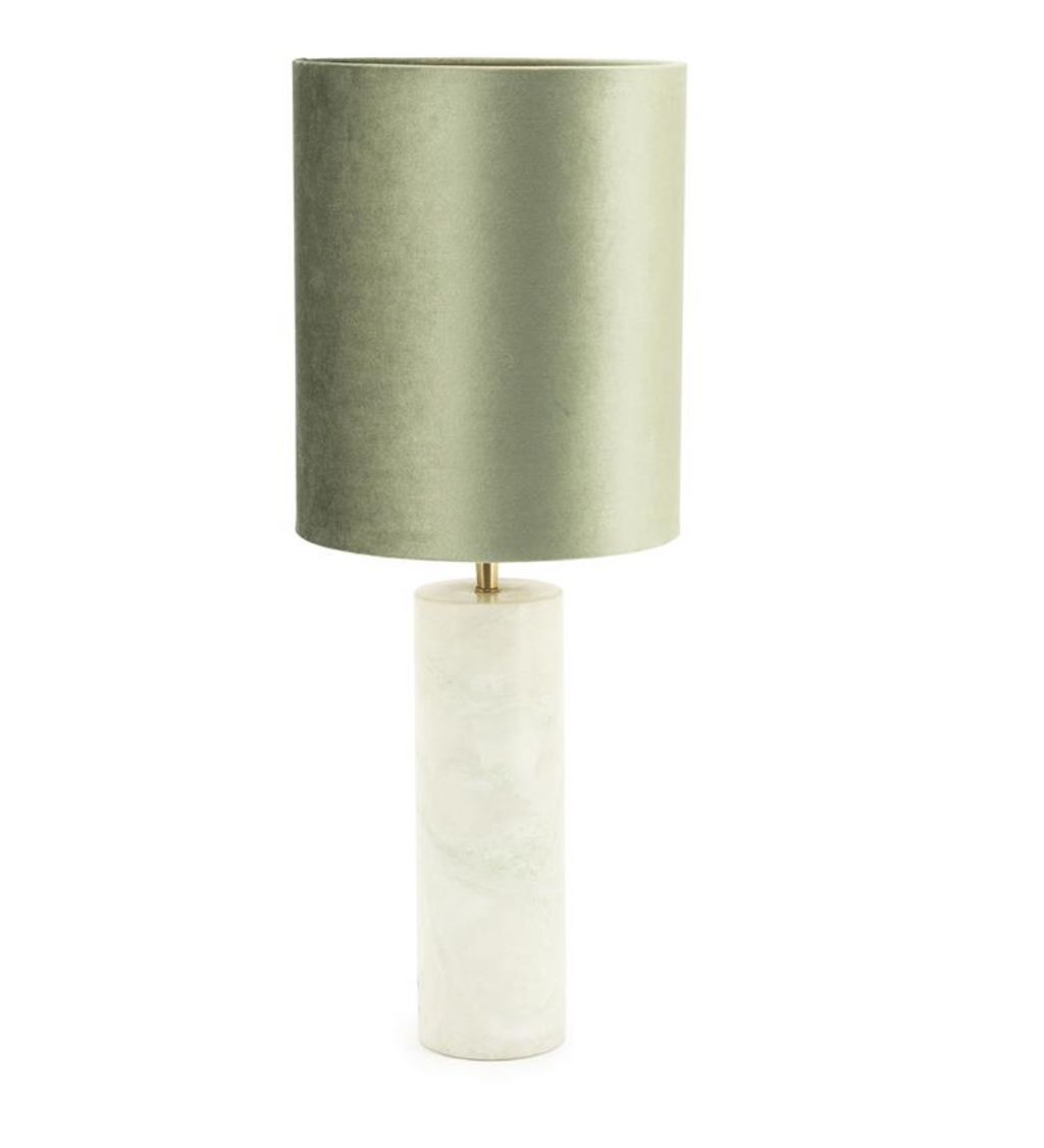 Jade Table Lamp with a verde green velvet shade, brass stem, and cylindrical white marble base.