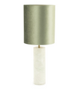 Jade Table Lamp with a verde green velvet shade, brass stem, and cylindrical white marble base.