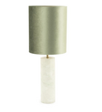 Jade Table Lamp with a verde green velvet shade, brass stem, and cylindrical white marble base.