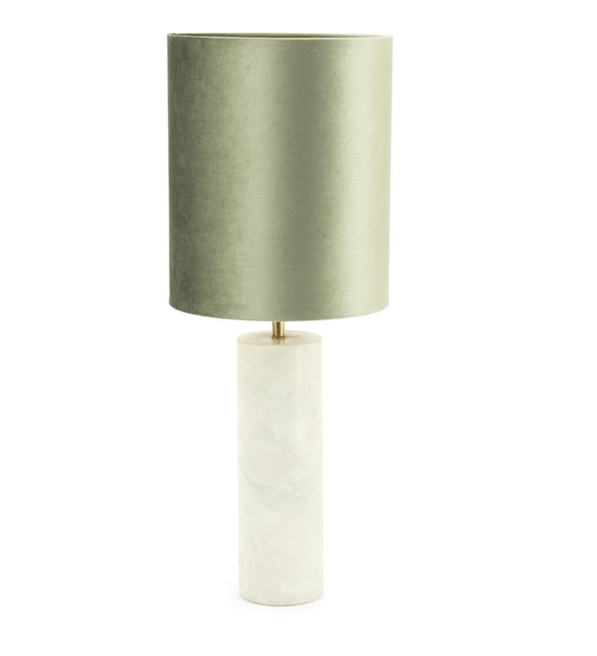 Jade Table Lamp with a verde green velvet shade, brass stem, and cylindrical white marble base.