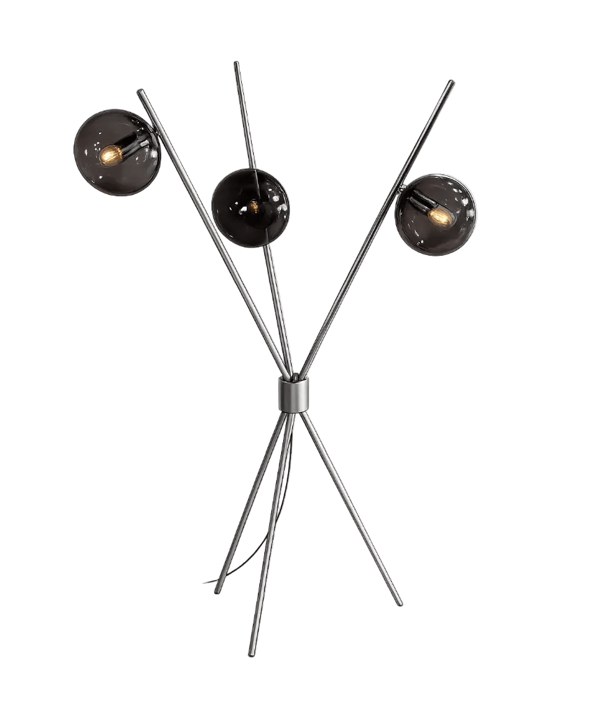 Modern silver-toned floor lamp with three dark smoked glass sphere shades and warm filament bulbs on a tripod base.