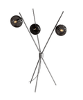 Modern silver-toned floor lamp with three dark smoked glass sphere shades and warm filament bulbs on a tripod base.