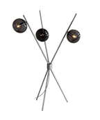 Modern silver-toned floor lamp with three dark smoked glass sphere shades and warm filament bulbs on a tripod base.