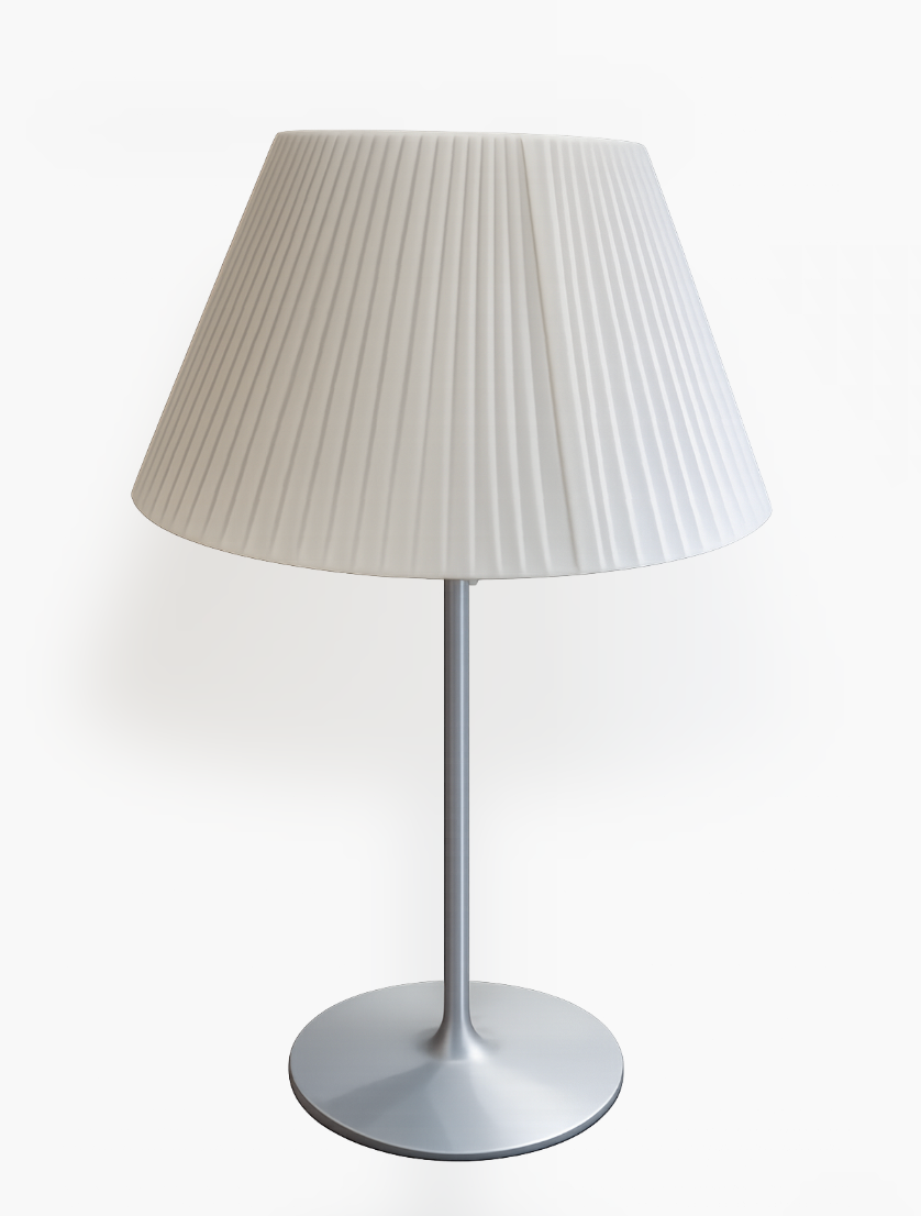 White pleated table lamp with a silver metallic stem and round base.