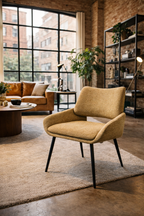 Mustard yellow textured upholstered chair by Lesco with black legs in a modern loft setting.