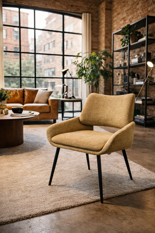 Mustard yellow textured upholstered chair by Lesco with black legs in a modern loft setting.