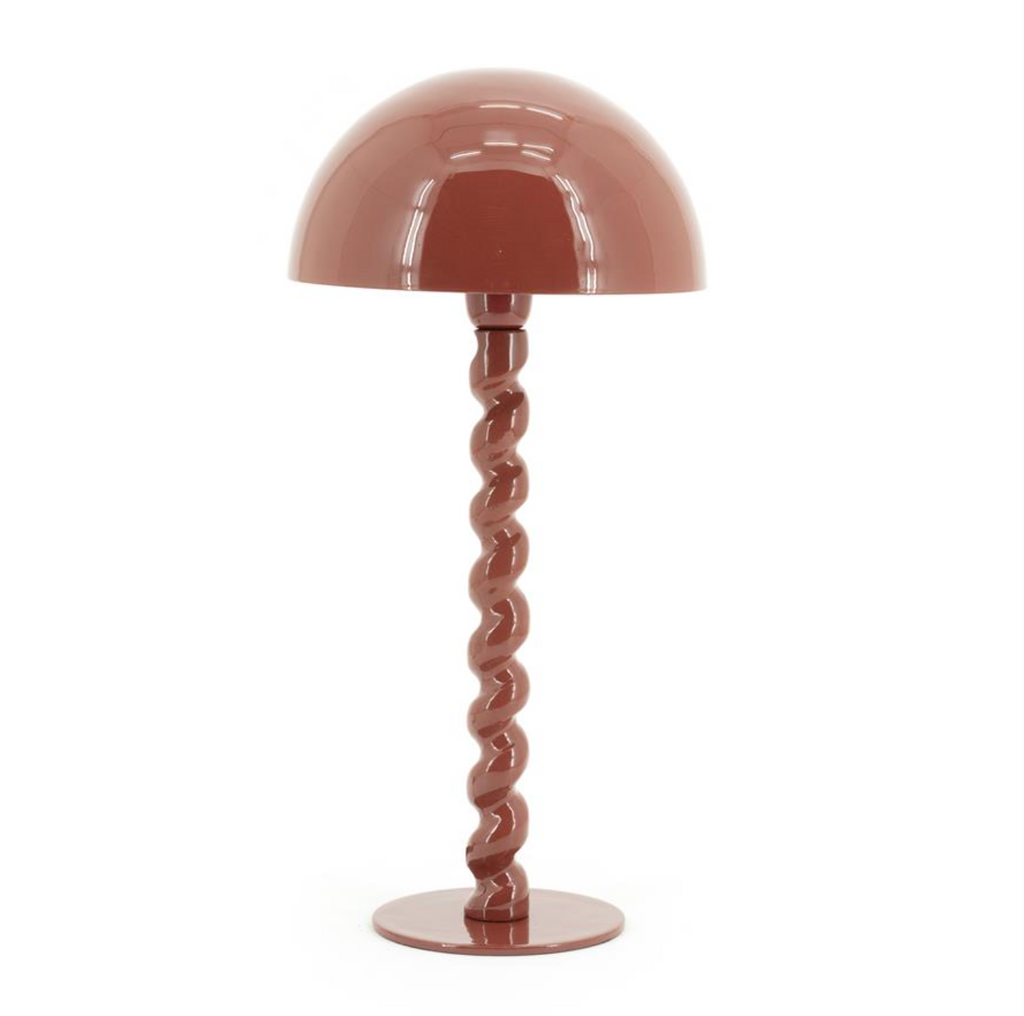 Coral Red floor lamp with a dome shade, twisted spiral stem, and round base.
