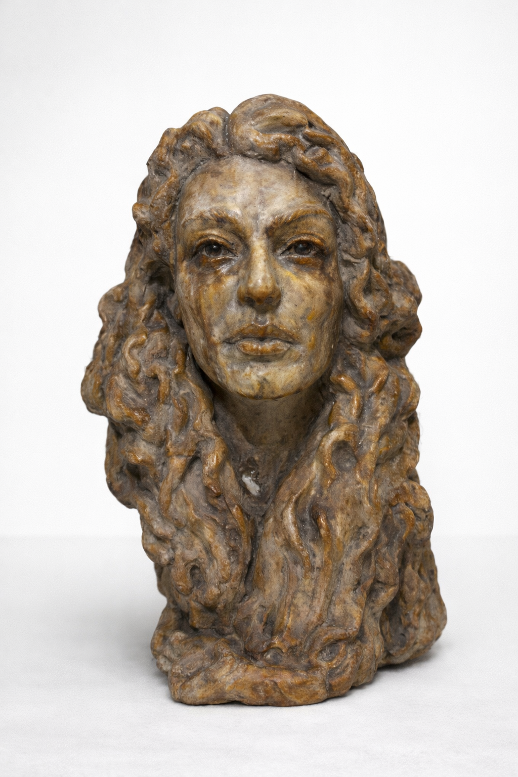 Bronze-toned sculpture of Medusa's head, featuring intricately sculpted curly hair and a resolute expression.