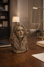 Textured sculpture of Medusa with flowing curly hair in earthy tones, displayed on a polished wooden desk.