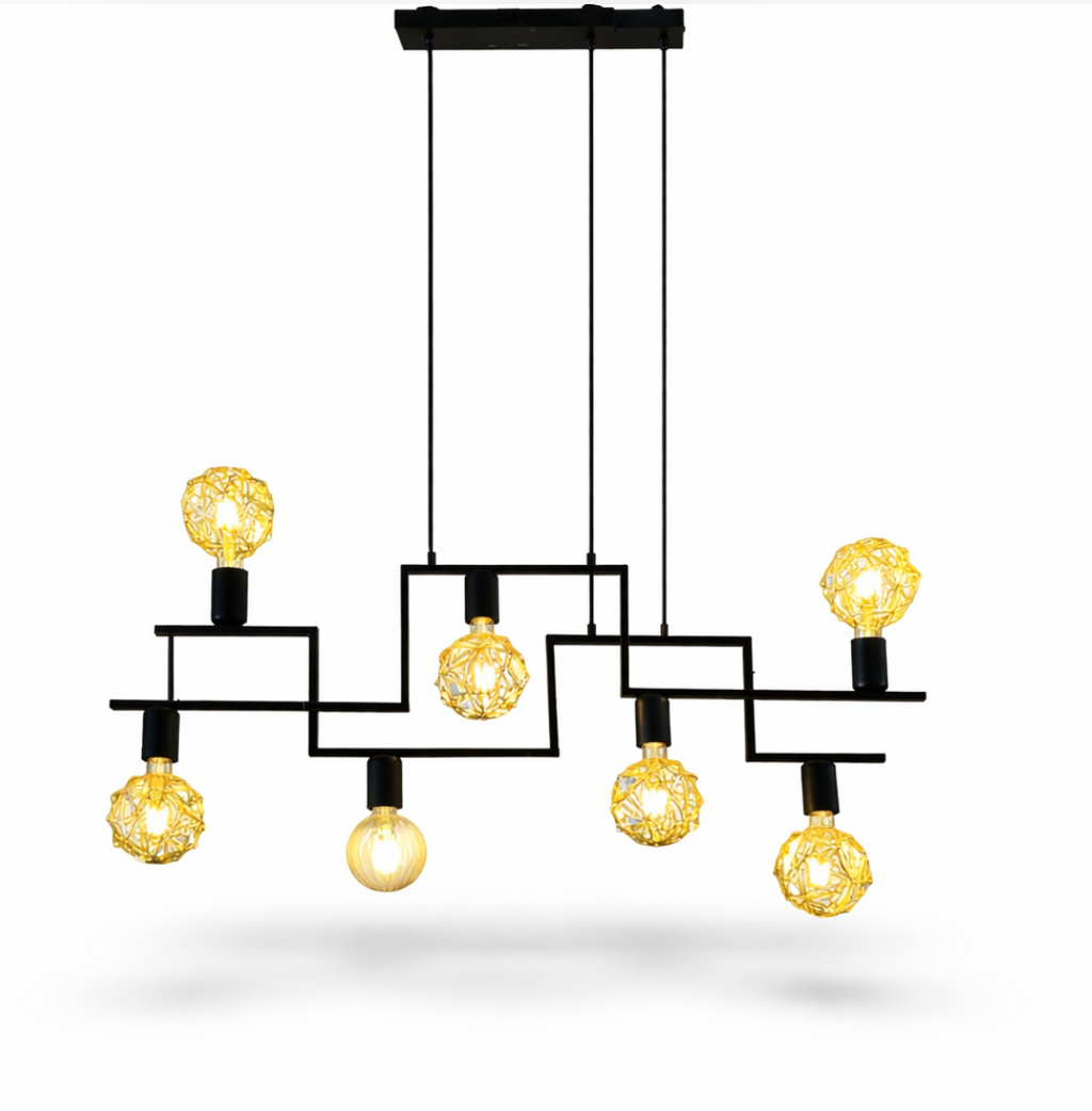 Black geometric pendant light with multiple warm golden bulbs, some featuring a decorative woven design.